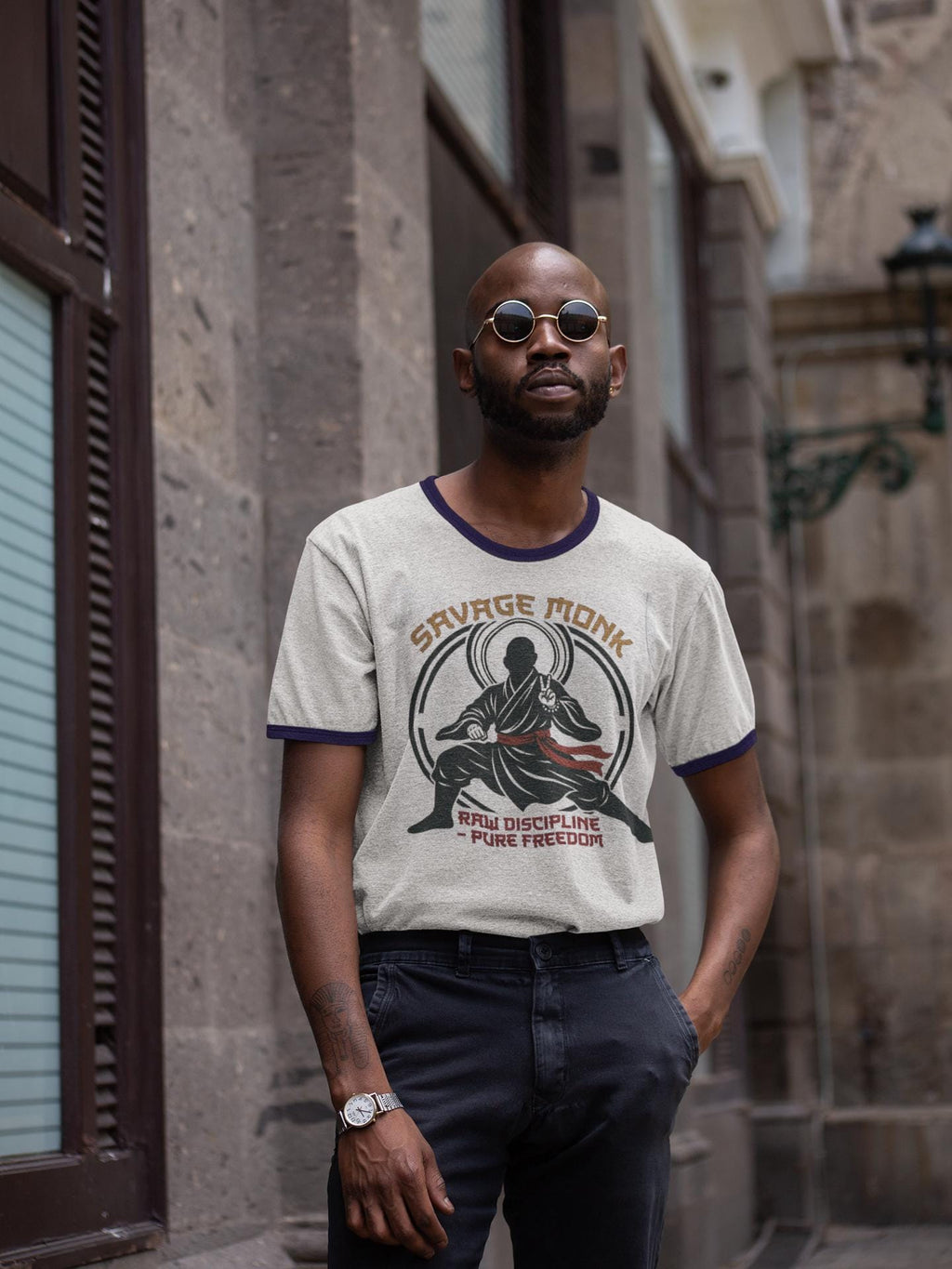 Savage Monk Ringer Tee: Raw Discipline, Pure Freedom (100% Cotton)